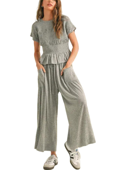 Women's Ruched Ruffle Top & Wide-Leg Pants Two-Piece Set