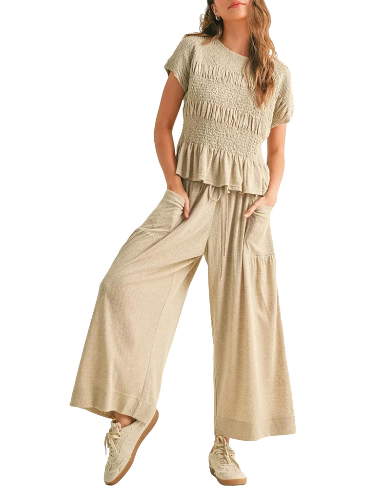 HOT SALE-Women's Ruched Ruffle Top & Wide-Leg Pants Two-Piece Set