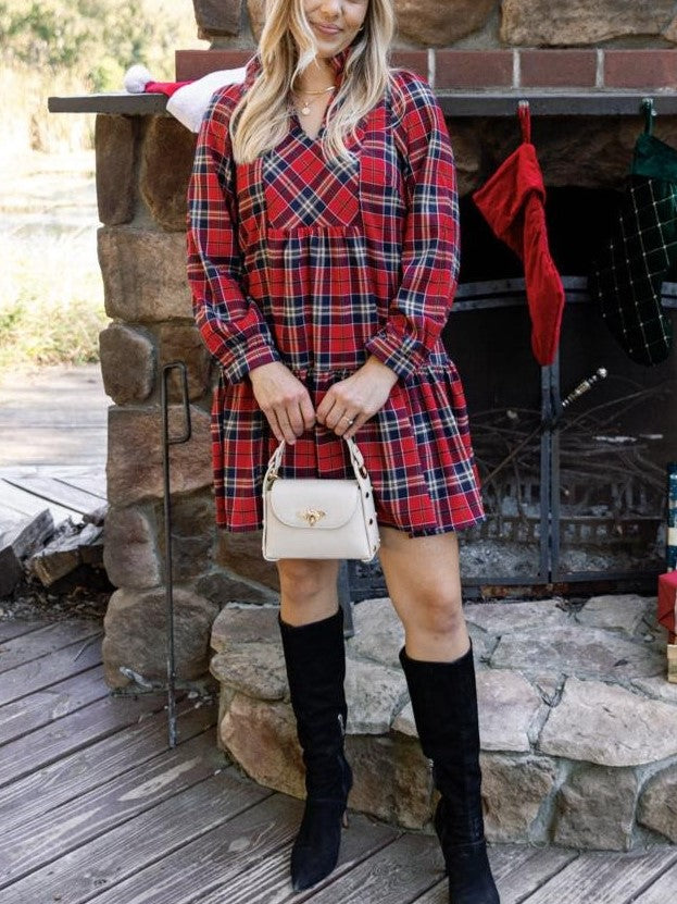 Women's Plaid Print Frilly Collar Long Sleeve Mini Dress (Buy 2 Free Shipping)