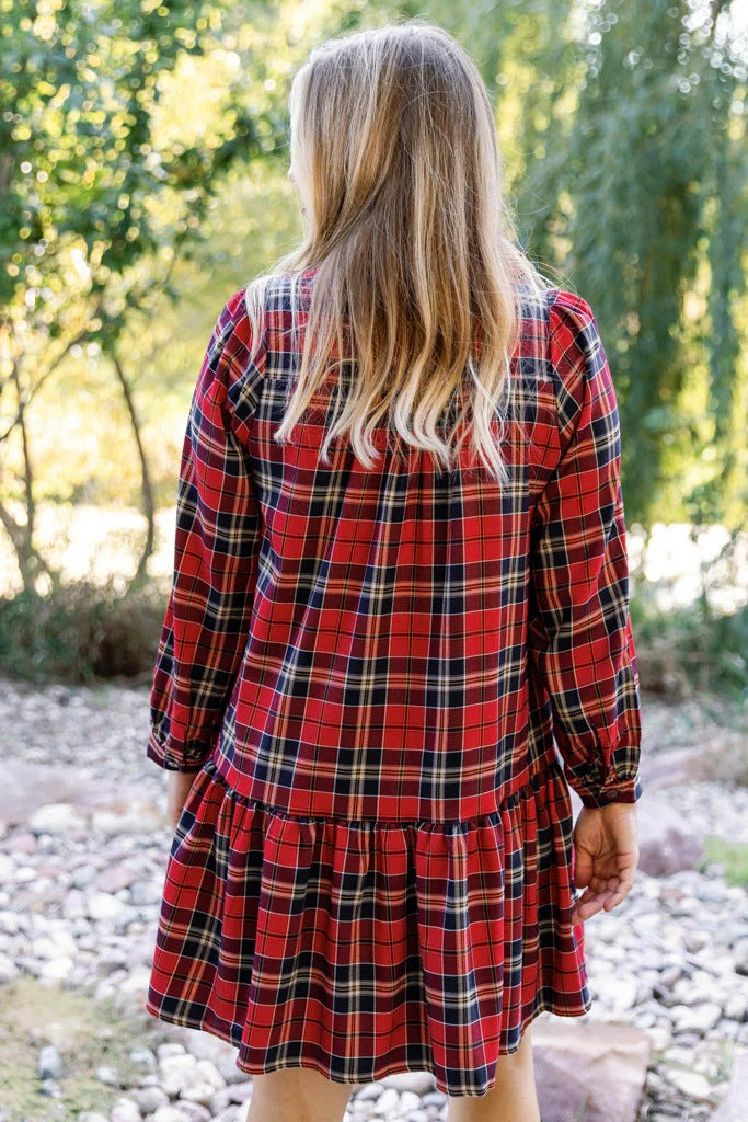 Women's Plaid Print Frilly Collar Long Sleeve Mini Dress (Buy 2 Free Shipping)