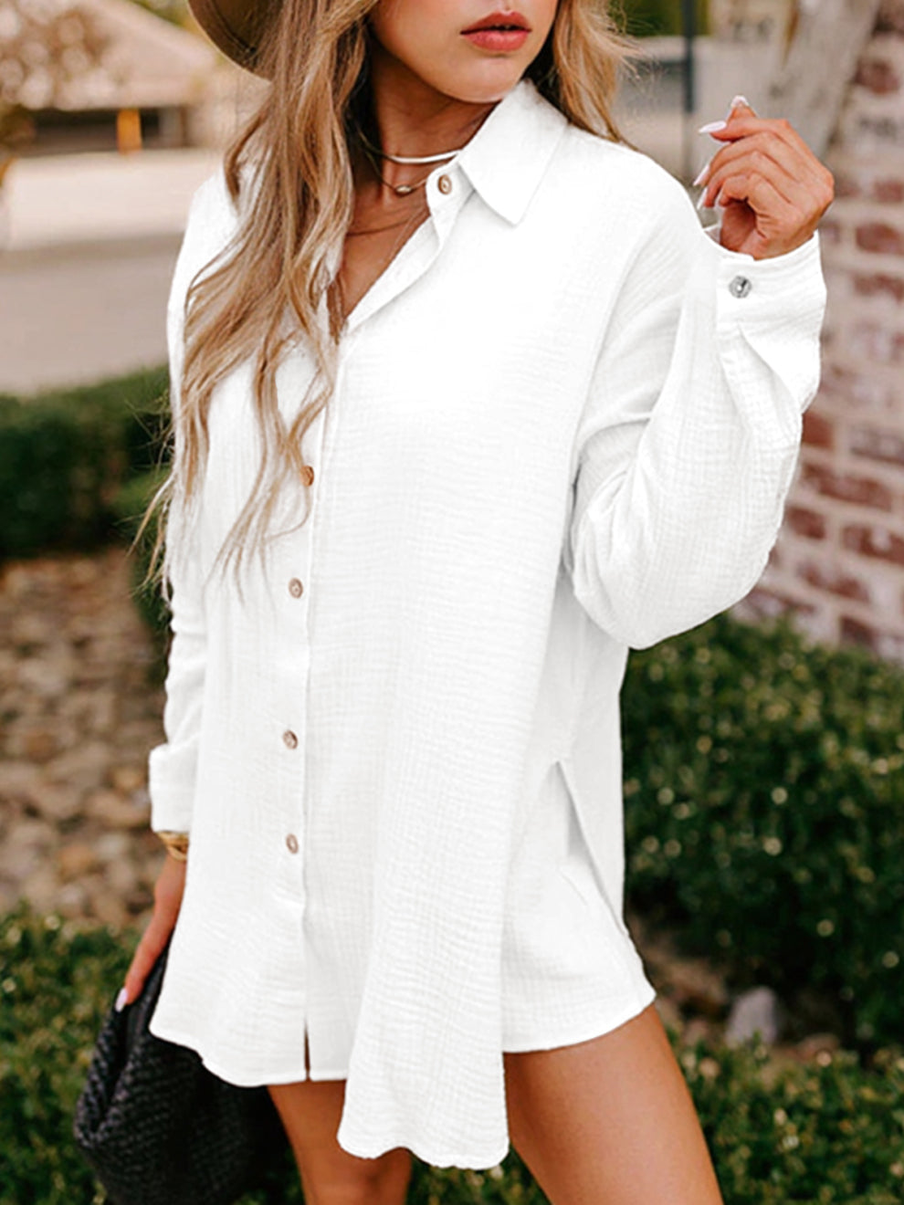 HOT SALE-Womens Long Sleeve Gauze Shirt & Shorts Set
