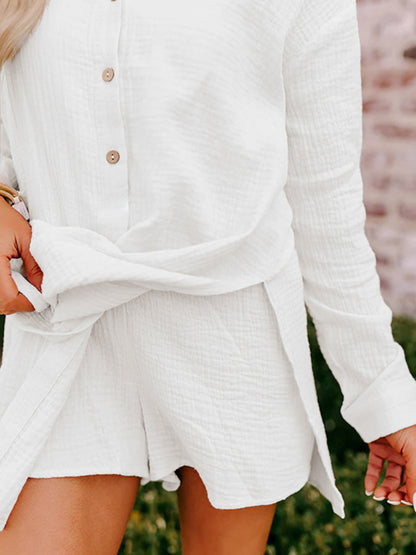 Womens Long Sleeve Gauze Shirt & Shorts Set
