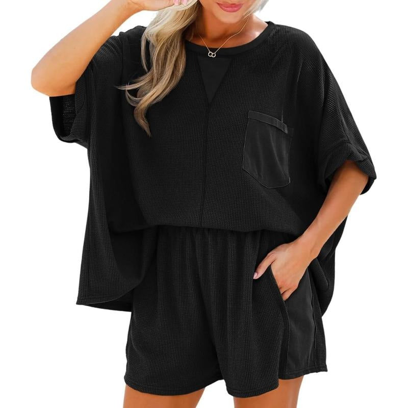HOT SALE Women's Waffle Knit 2 Piece Oversized T-Shirt Casual Shorts Set