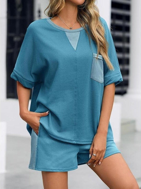 HOT SALE Women's Waffle Knit 2 Piece Oversized T-Shirt Casual Shorts Set