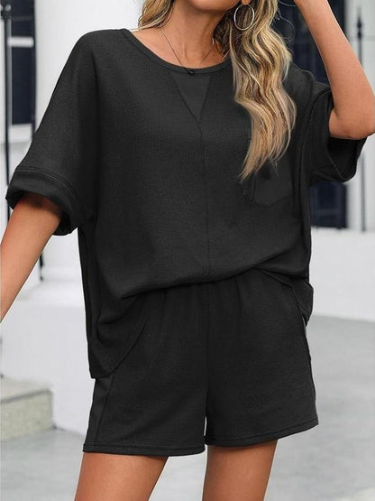 HOT SALE Women's Waffle Knit 2 Piece Oversized T-Shirt Casual Shorts Set