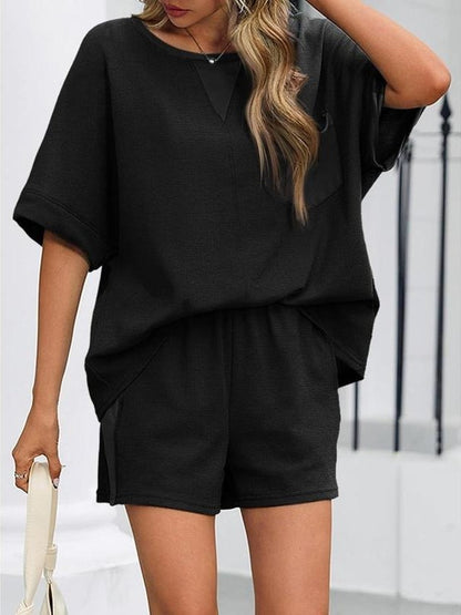 HOT SALE Women's Waffle Knit 2 Piece Oversized T-Shirt Casual Shorts Set
