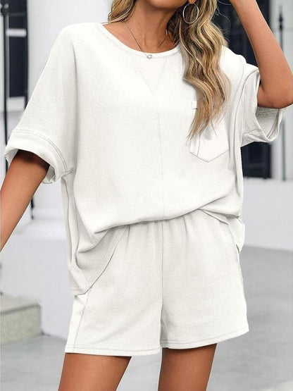HOT SALE Women's Waffle Knit 2 Piece Oversized T-Shirt Casual Shorts Set