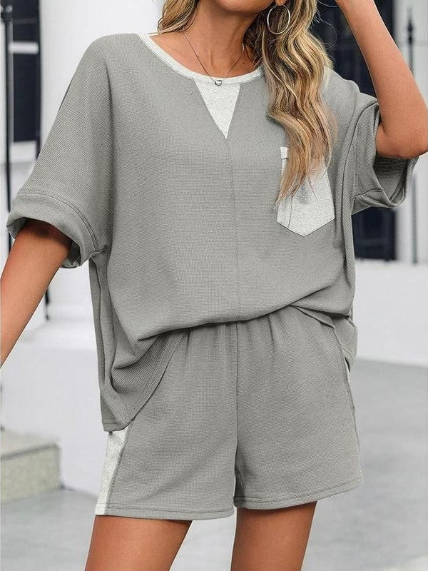 HOT SALE Women's Waffle Knit 2 Piece Oversized T-Shirt Casual Shorts Set