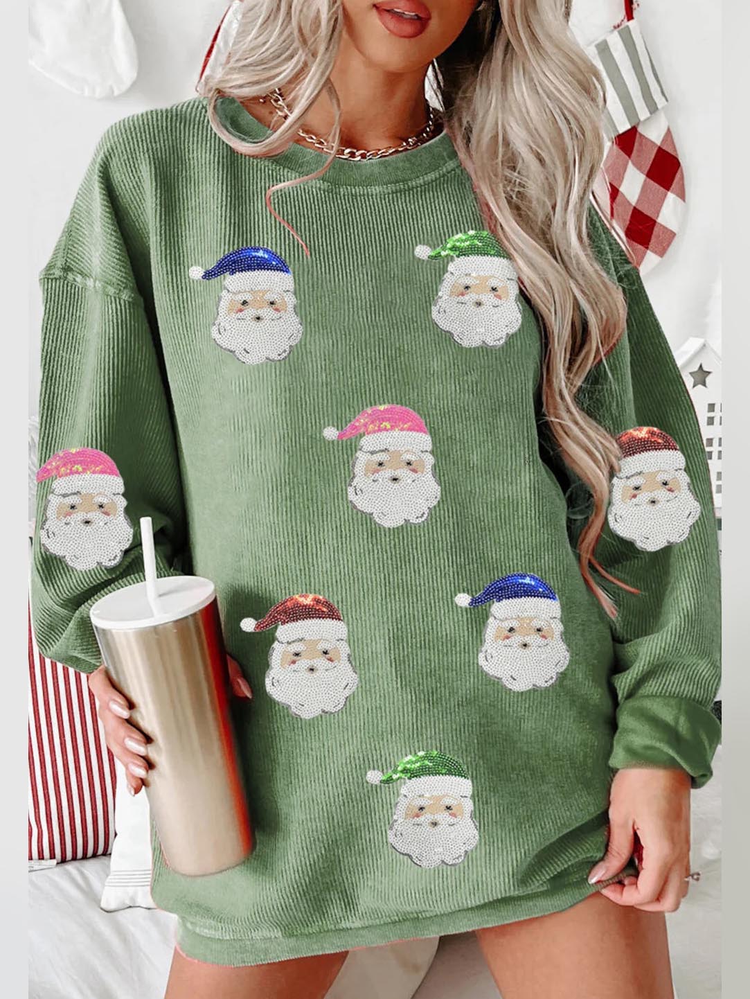 Women's Grass Green Santa Claus Graphic Sequins Sweatshirt (Buy 2 Free Shipping)