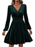 Women's Elegant V Neck Long Sleeves Velvet Dress (Buy 2 Free Shipping)
