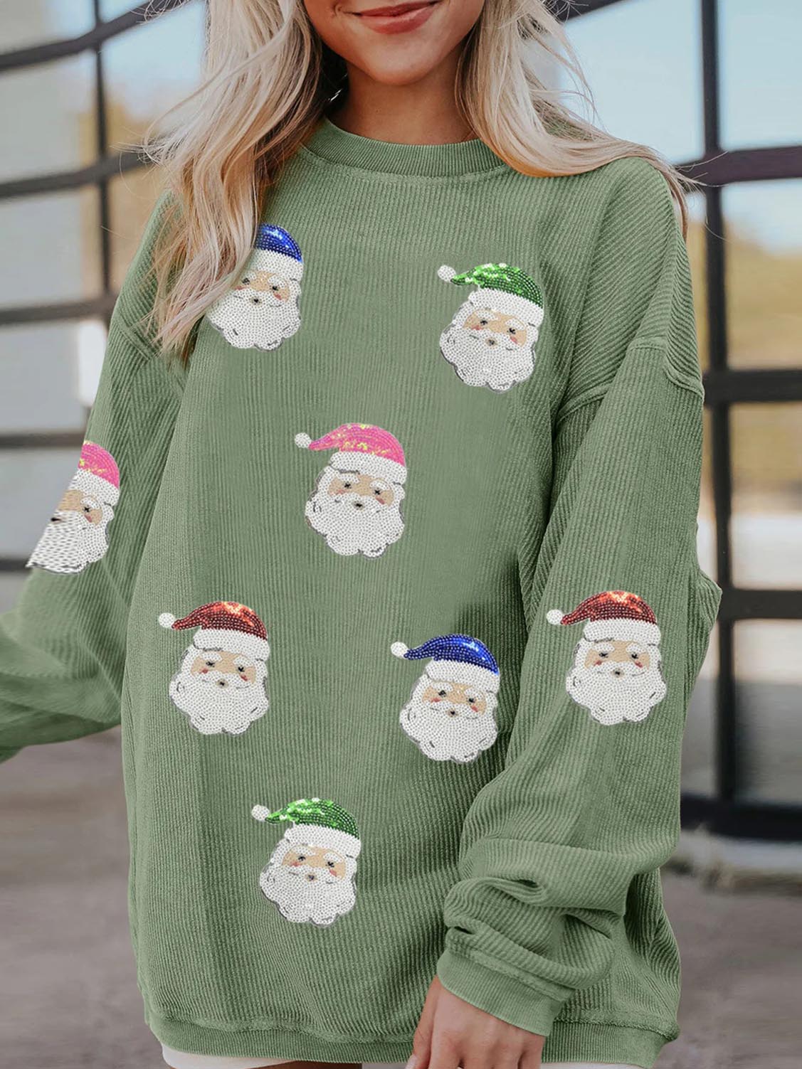 Women's Grass Green Santa Claus Graphic Sequins Sweatshirt (Buy 2 Free Shipping)