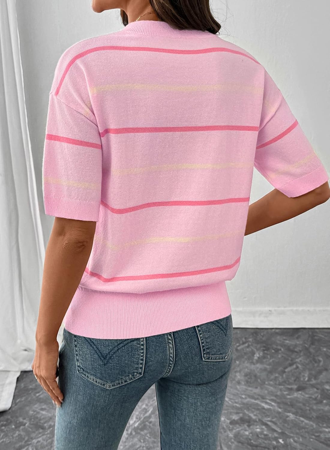Womens Tops Crewneck Short Sleeve Sweater Pullover Knit Striped Shirt