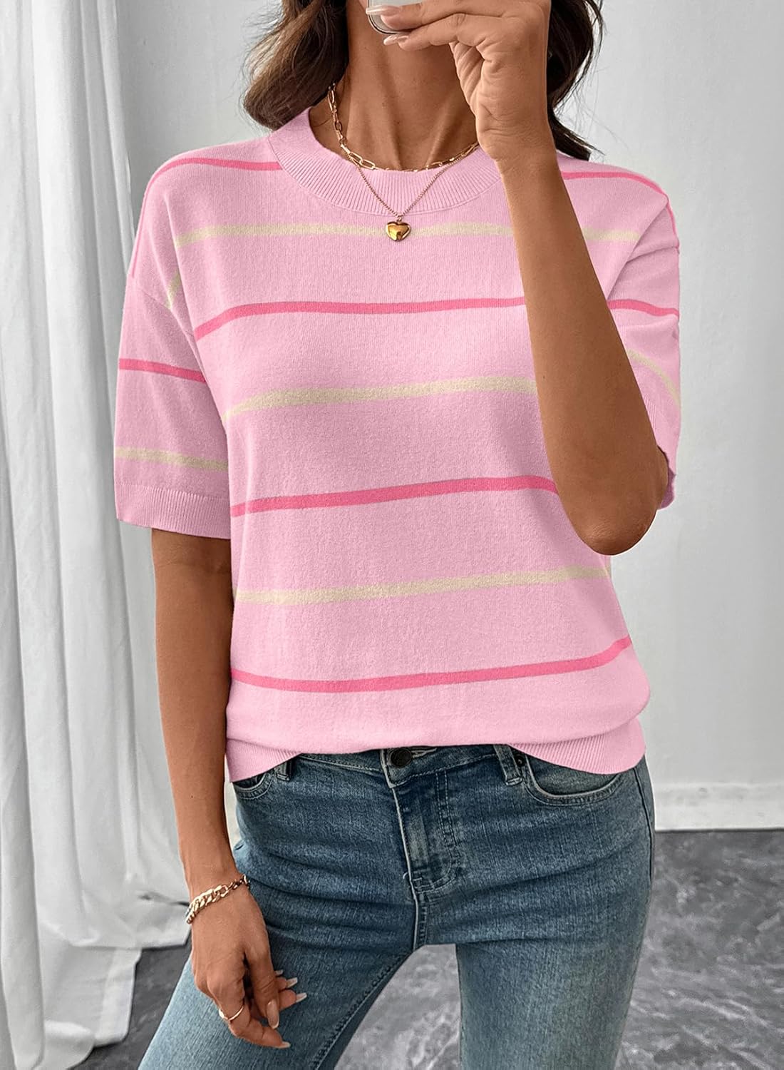 Womens Tops Crewneck Short Sleeve Sweater Pullover Knit Striped Shirt