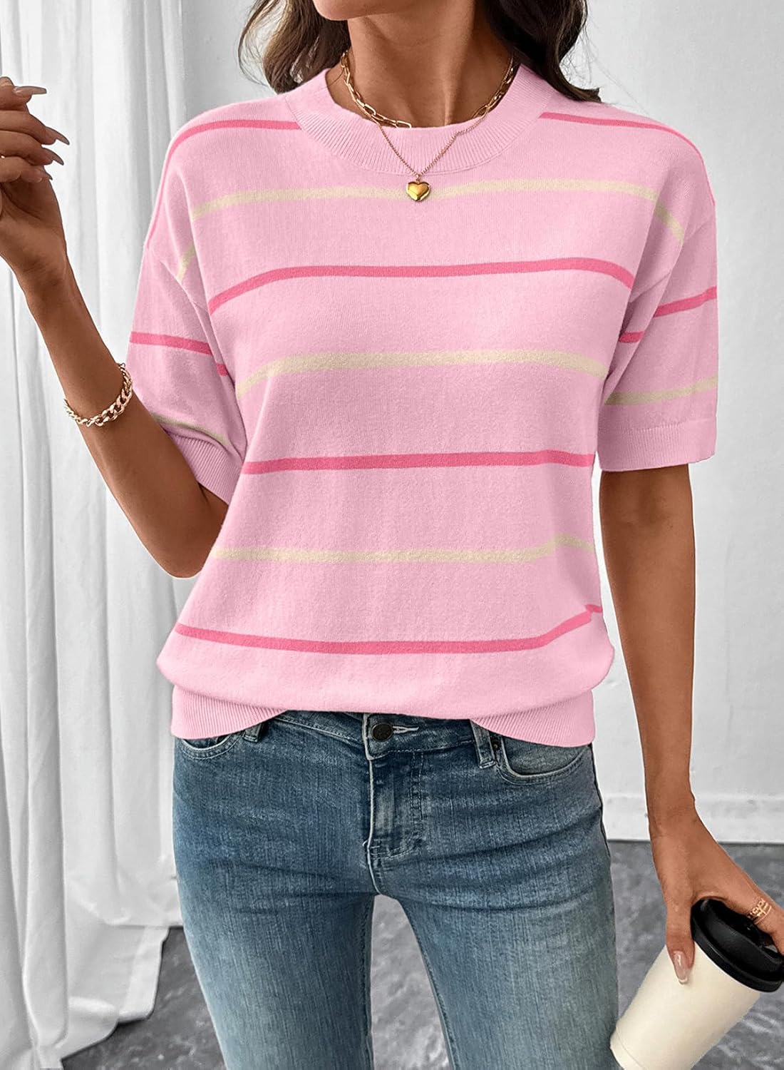 🔥🔥Womens Tops Crewneck Short Sleeve Sweater Pullover Knit Striped Shirt(BUY 2 FREE SHIPPING)