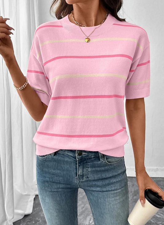 🔥🔥Womens Tops Crewneck Short Sleeve Sweater Pullover Knit Striped Shirt(BUY 2 FREE SHIPPING)