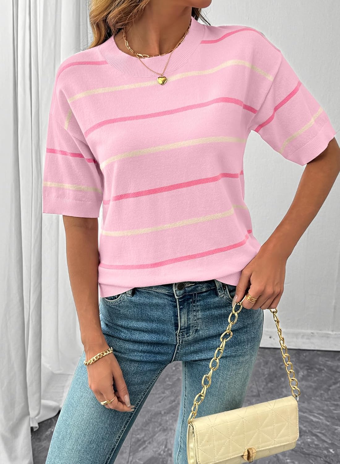 🔥🔥Womens Tops Crewneck Short Sleeve Sweater Pullover Knit Striped Shirt(BUY 2 FREE SHIPPING)