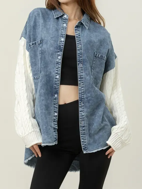 Cozy Sweater Sleeve Denim Shacket (Buy 2 Free Shipping)