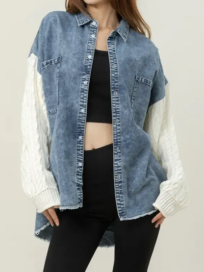 🔥🔥🔥🔥Cozy Sweater Sleeve Denim Shacket (Buy 2 Free Shipping)