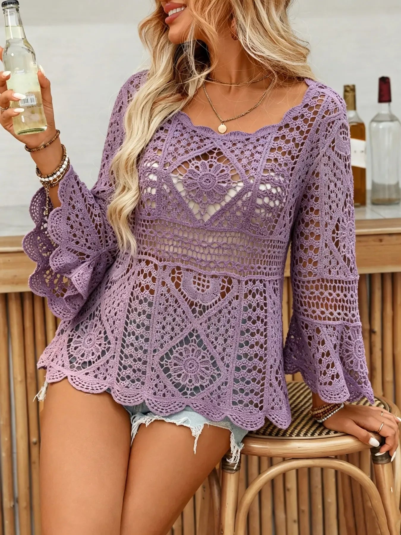 Women's Long Sleeve Round Neck Hollow Out Knit Cardigan