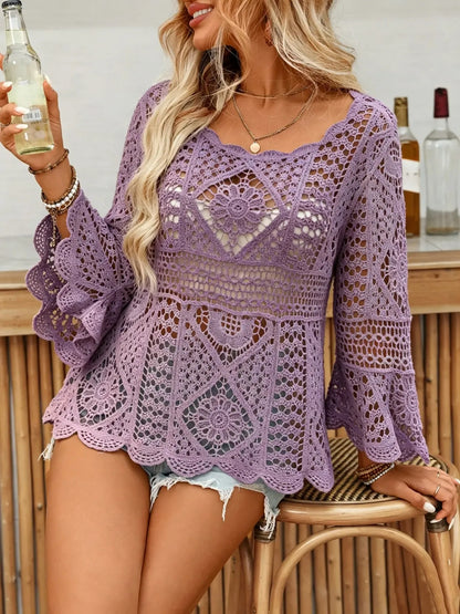 Women's Long Sleeve Round Neck Hollow Out Knit Cardigan