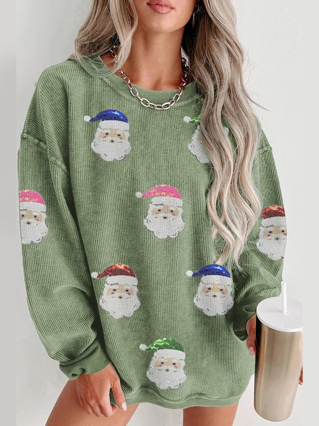 Women's Grass Green Santa Claus Graphic Sequins Sweatshirt (Buy 2 Free Shipping)