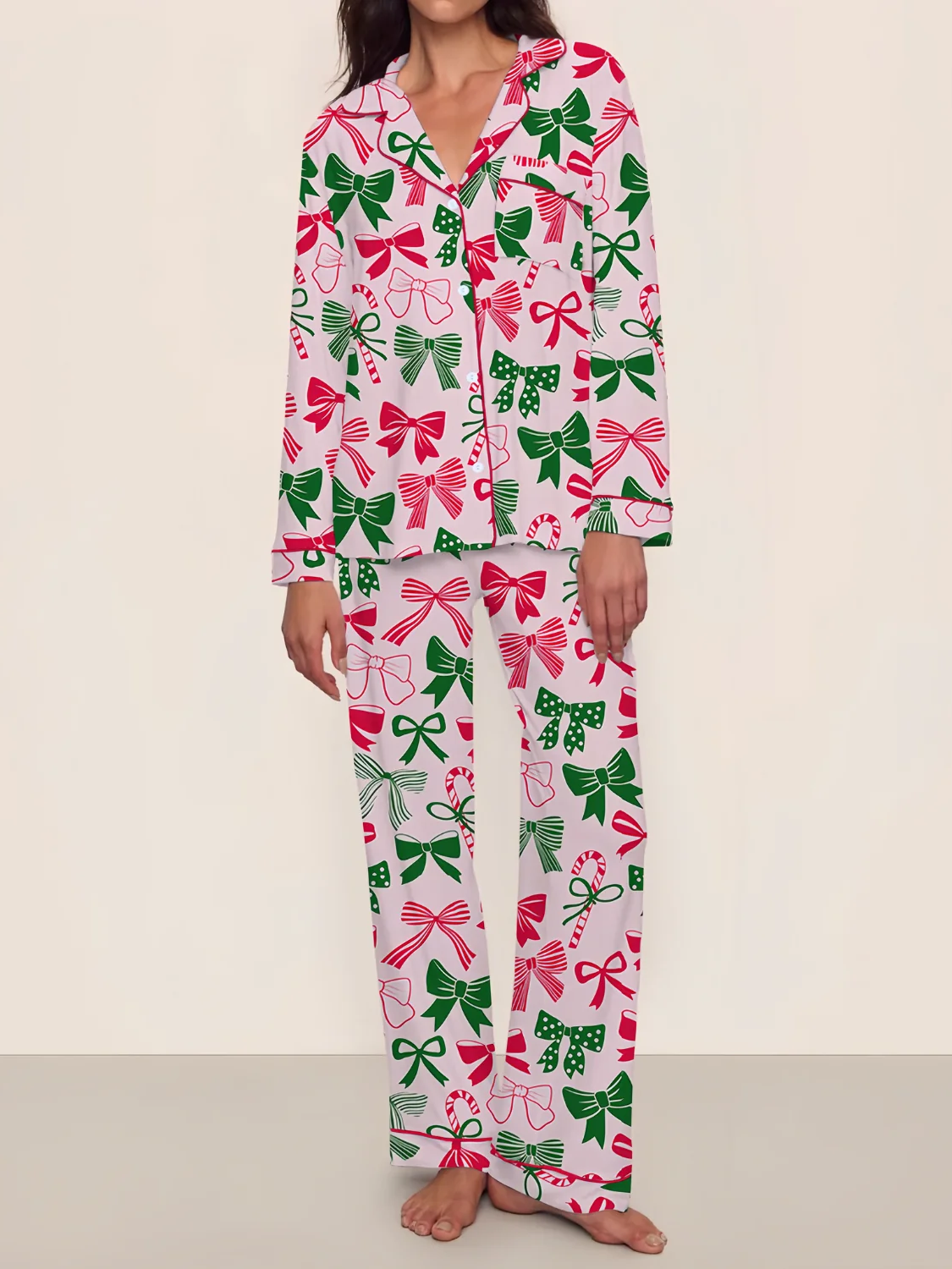 Women's Christmas Bow Print Pajamas Two-Piece Set (Buy 2 Free Shipping)