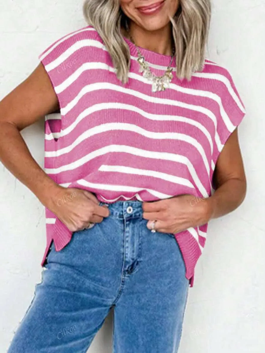 Women's Striped Print Crew Neck Sweater Pullover(Buy 2 Free Shipping)