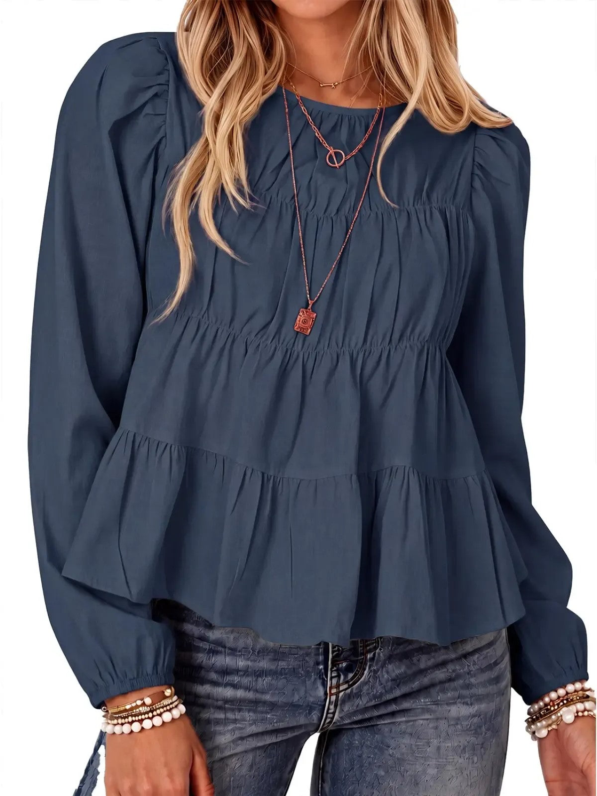 Women's Puff Long Sleeve Pleated Peplum Babydoll Blouse