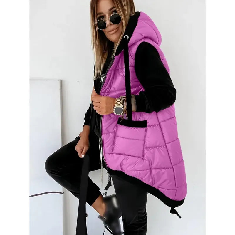 Women's Hooded Outwear Vest Lightweight Zipper Up Padded Gilet With Pockets