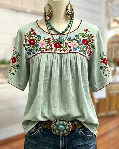 Floral Embroidered Loose Gathered Scoop Neck Short Sleeve Blouse