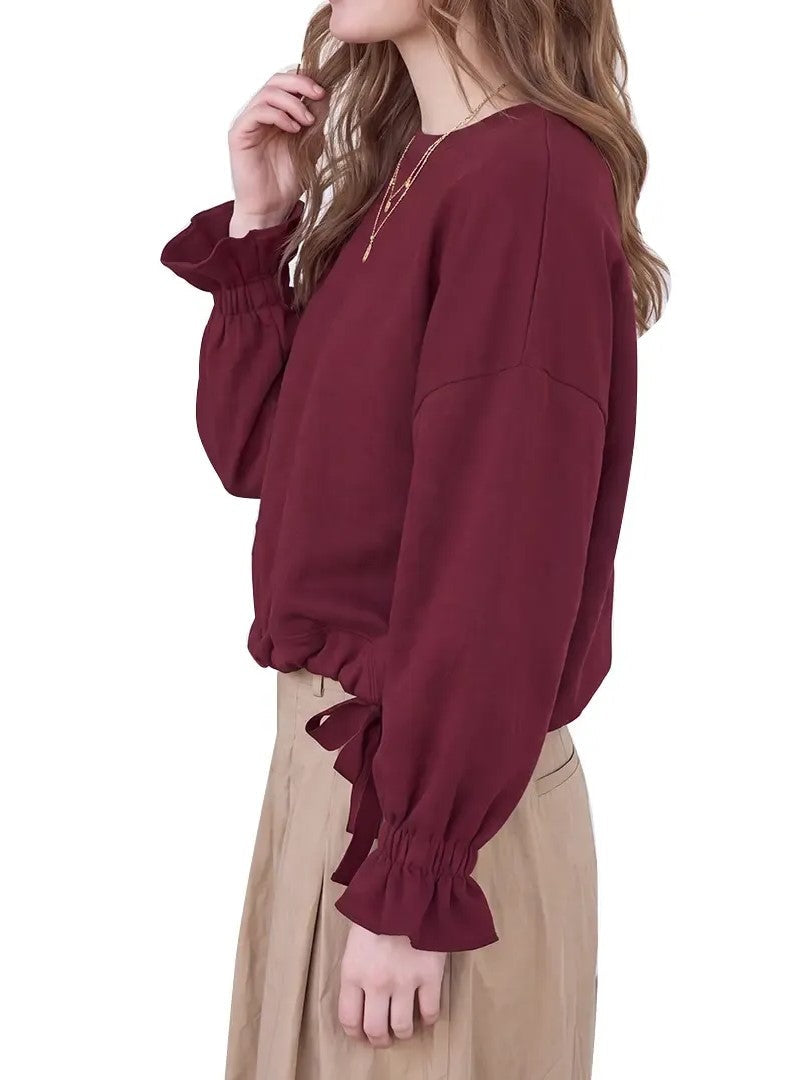 Women's Round Neck Drawstring Hem Casual Sweatshirt