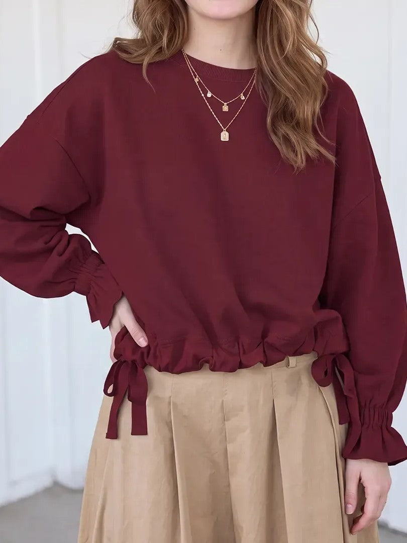 Women's Round Neck Drawstring Hem Casual Sweatshirt