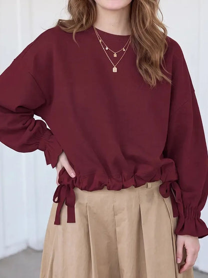 Women's Round Neck Drawstring Hem Casual Sweatshirt