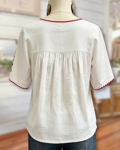 Floral Embroidered Loose Gathered Scoop Neck Short Sleeve Blouse