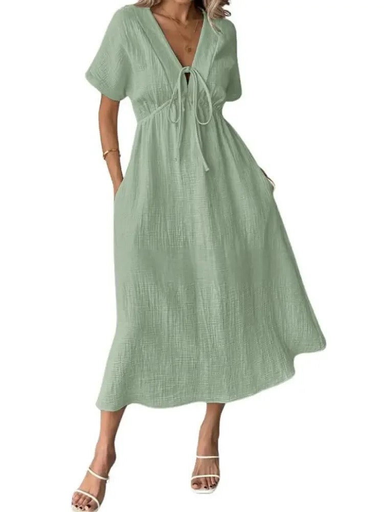 Women's V-Neck Short Sleeve Tie Front Midi Dress with Pockets