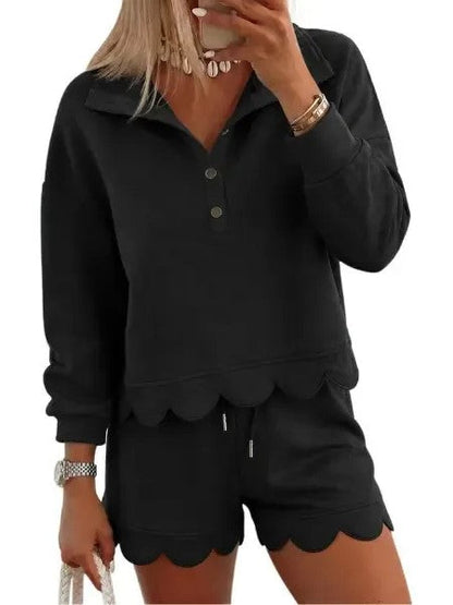 Women's Scallop Hem Half Zip Sweatshirt Shorts Set