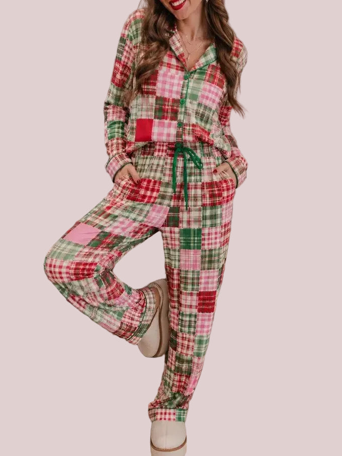 Women's Christmas Patchwork Plaid Pajama Set