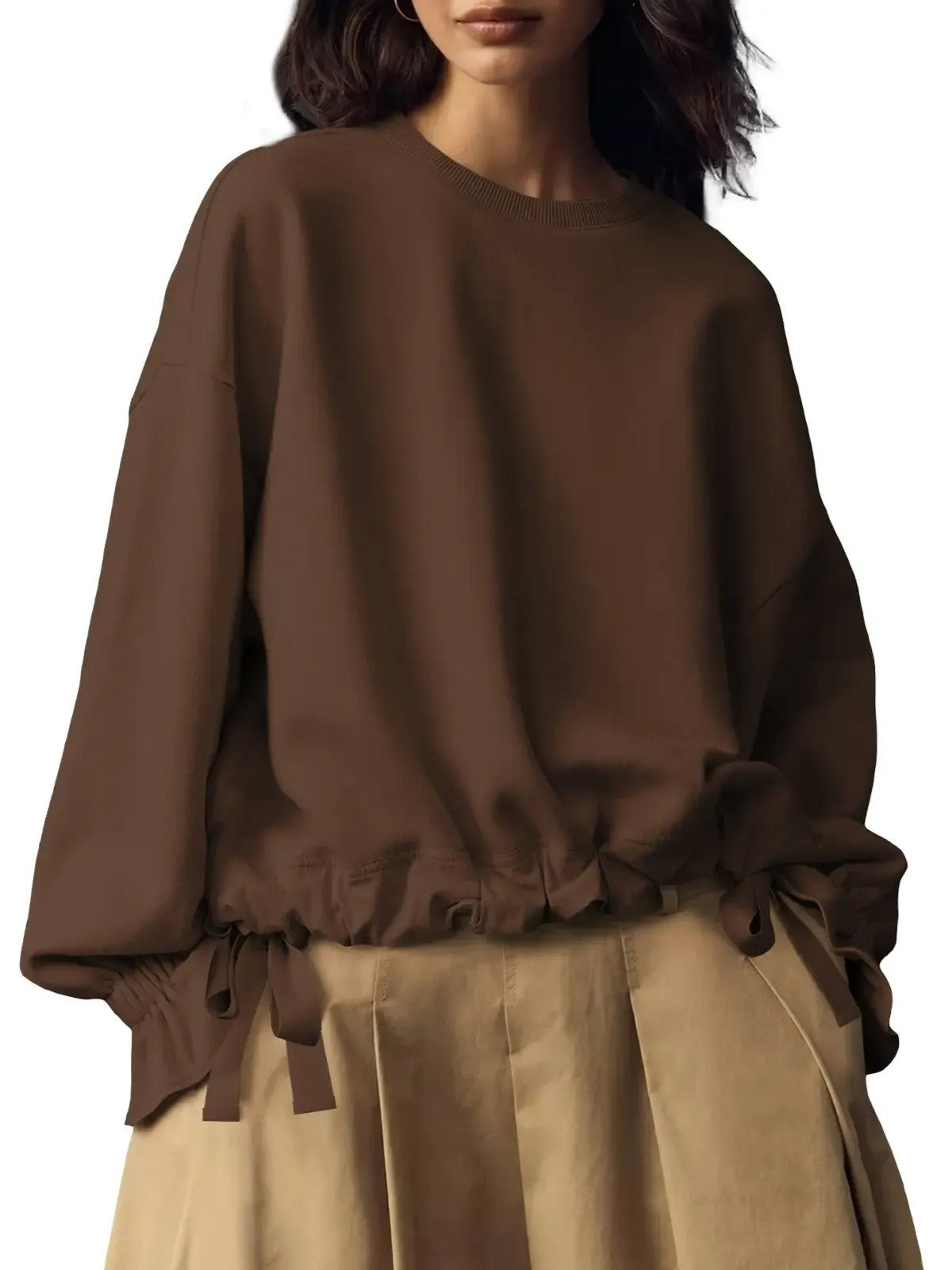 Women's Round Neck Drawstring Hem Casual Sweatshirt