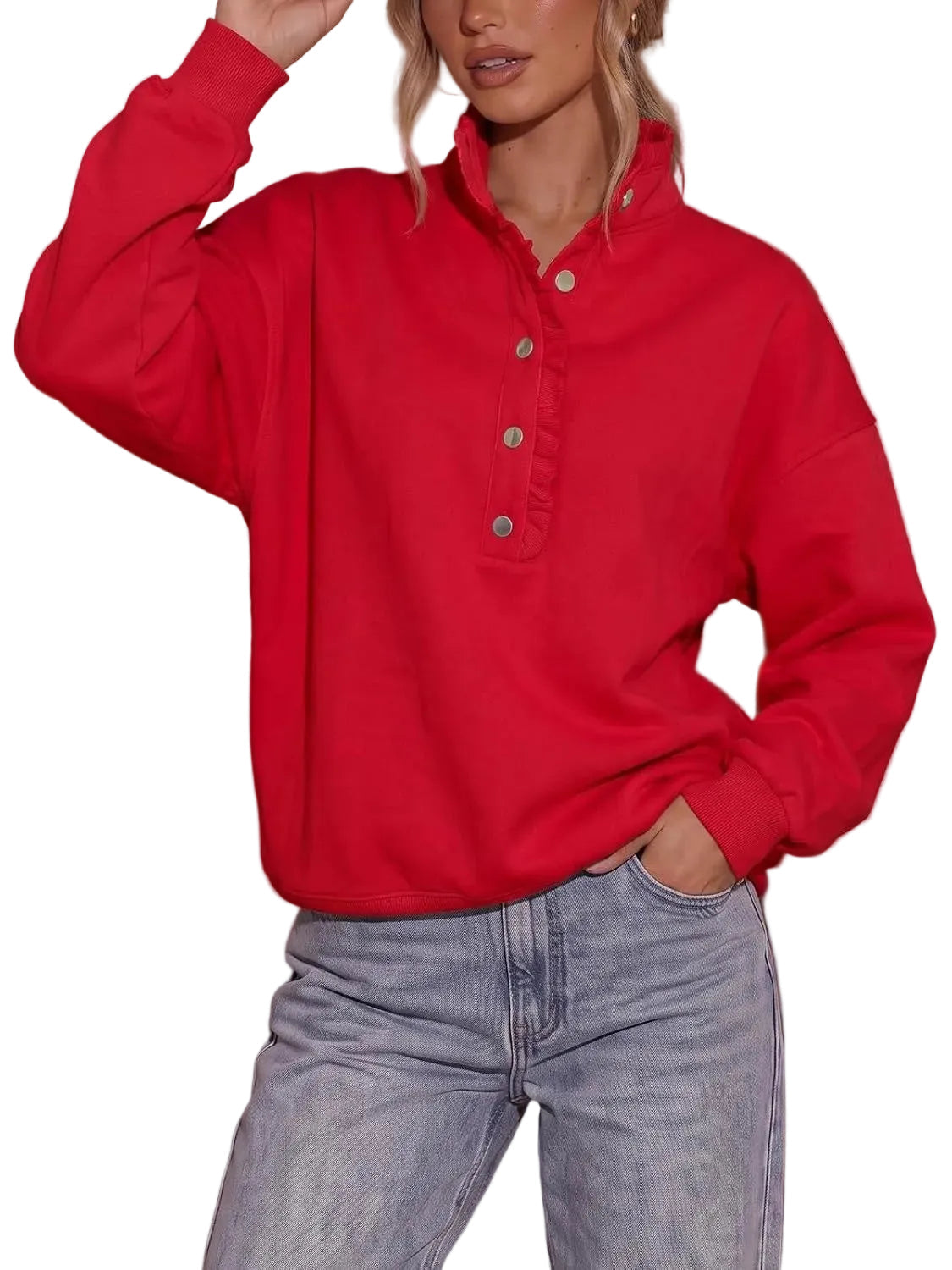 🎀Ruffled Mock Neck Henley Oversized Sweatshirt