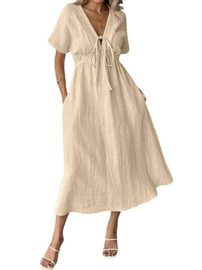 Women's V-Neck Short Sleeve Tie Front Midi Dress with Pockets