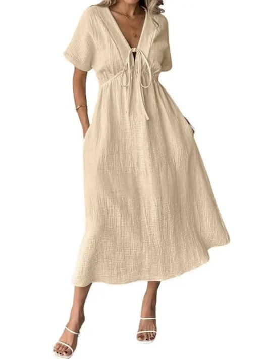 Women's V-Neck Short Sleeve Tie Front Midi Dress with Pockets