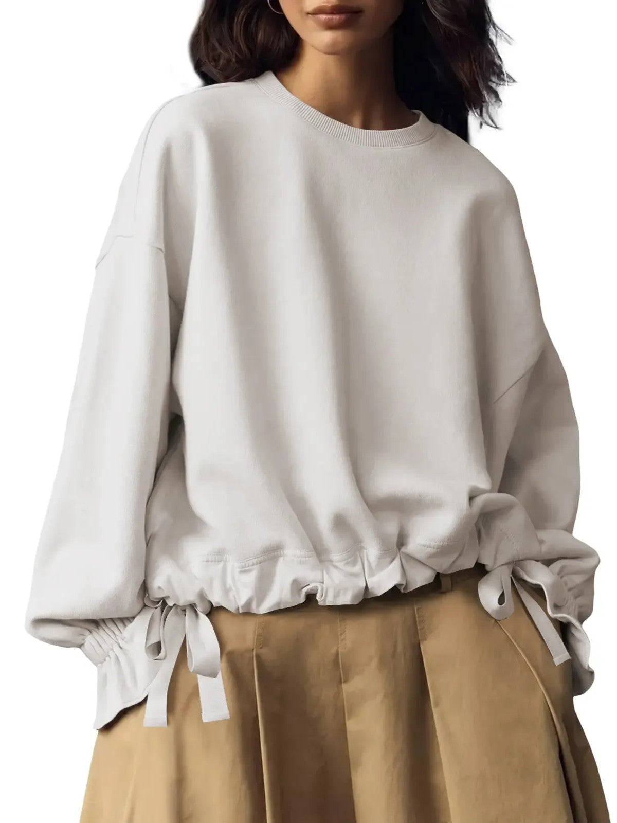 Women's Round Neck Drawstring Hem Casual Sweatshirt