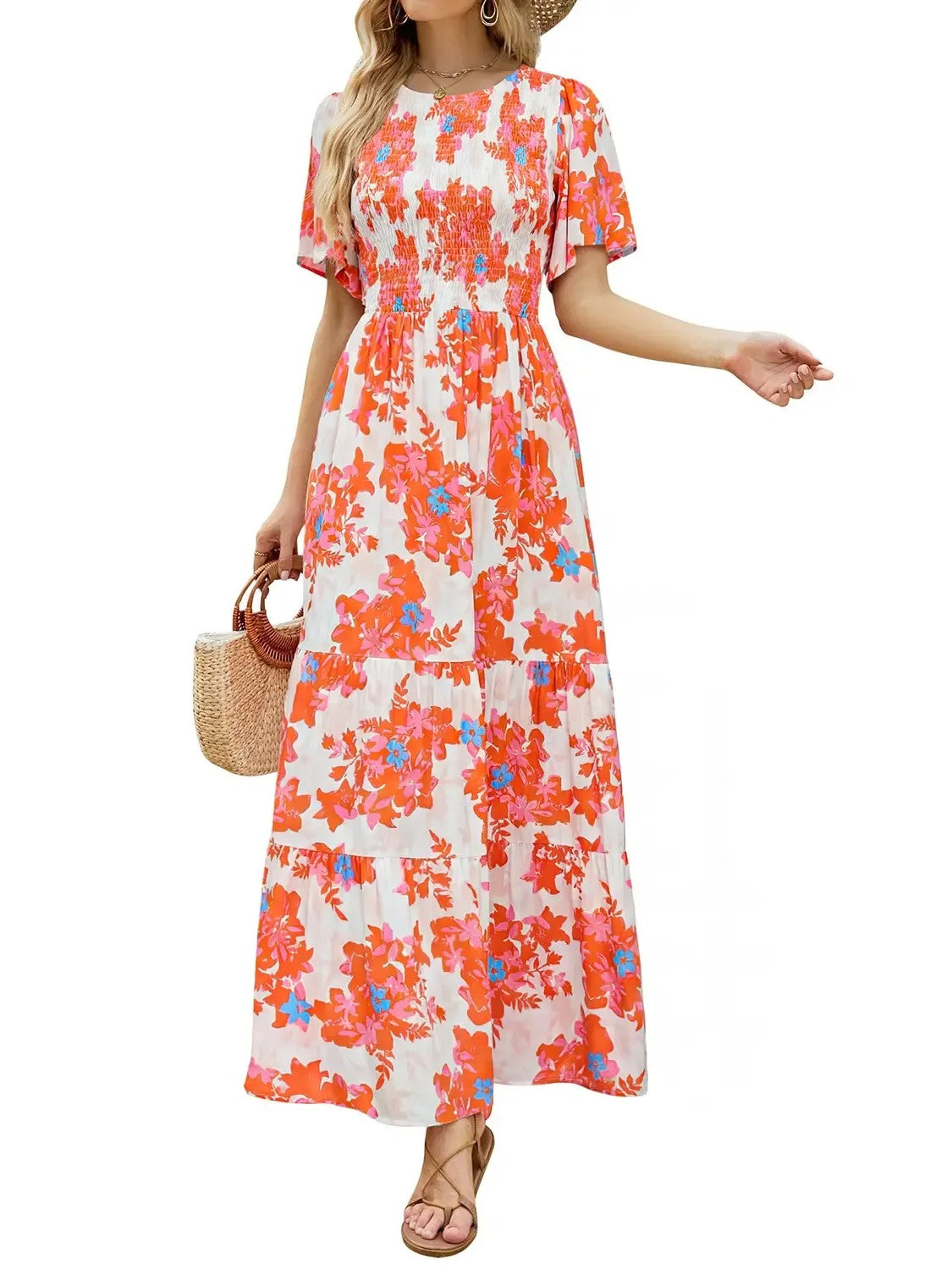 Hot Sale-Women's Summer Casual Floral Print Short Flutter Sleeve Flowy Maxi Dress