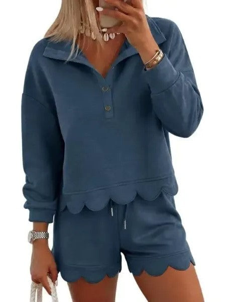Women's Scallop Hem Half Zip Sweatshirt Shorts Set