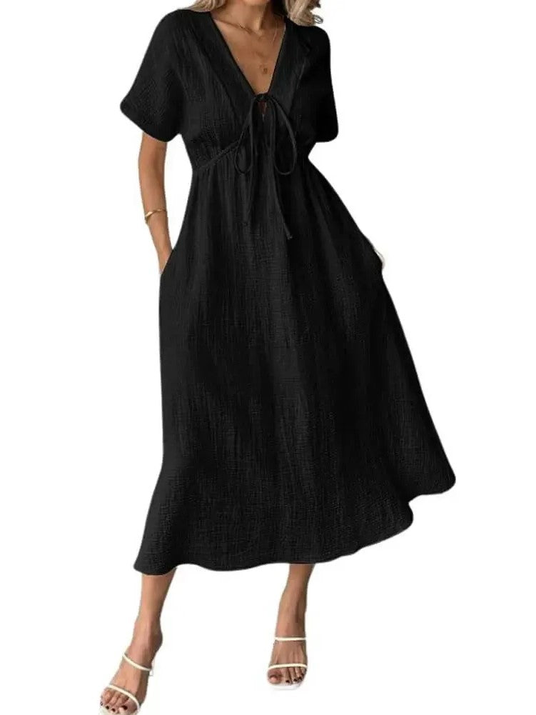 Women's V-Neck Short Sleeve Tie Front Midi Dress with Pockets
