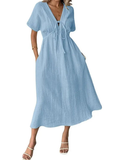 Women's V-Neck Short Sleeve Tie Front Midi Dress with Pockets