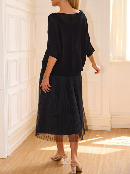 Women's Hollow-Out Top & Sleeveless Mesh Dress 2-Piece Set
