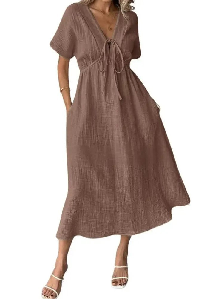 Women's V Neck Tie Front Crinkle Cotton Midi Dress