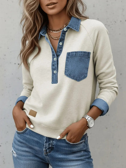 Women's Denim Patchwork Collar Henley Sweatshirt