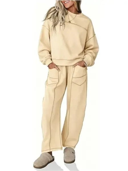 Women Contrast‑Stitch 2‑Piece Loungewear Set